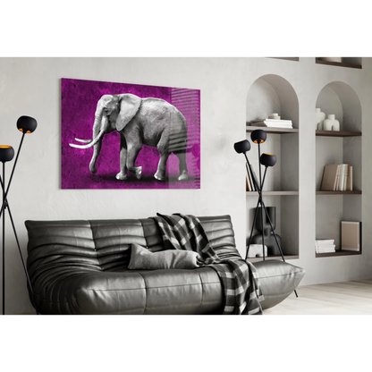 Stunning purple glass wall art canvas print with grayscale elephant