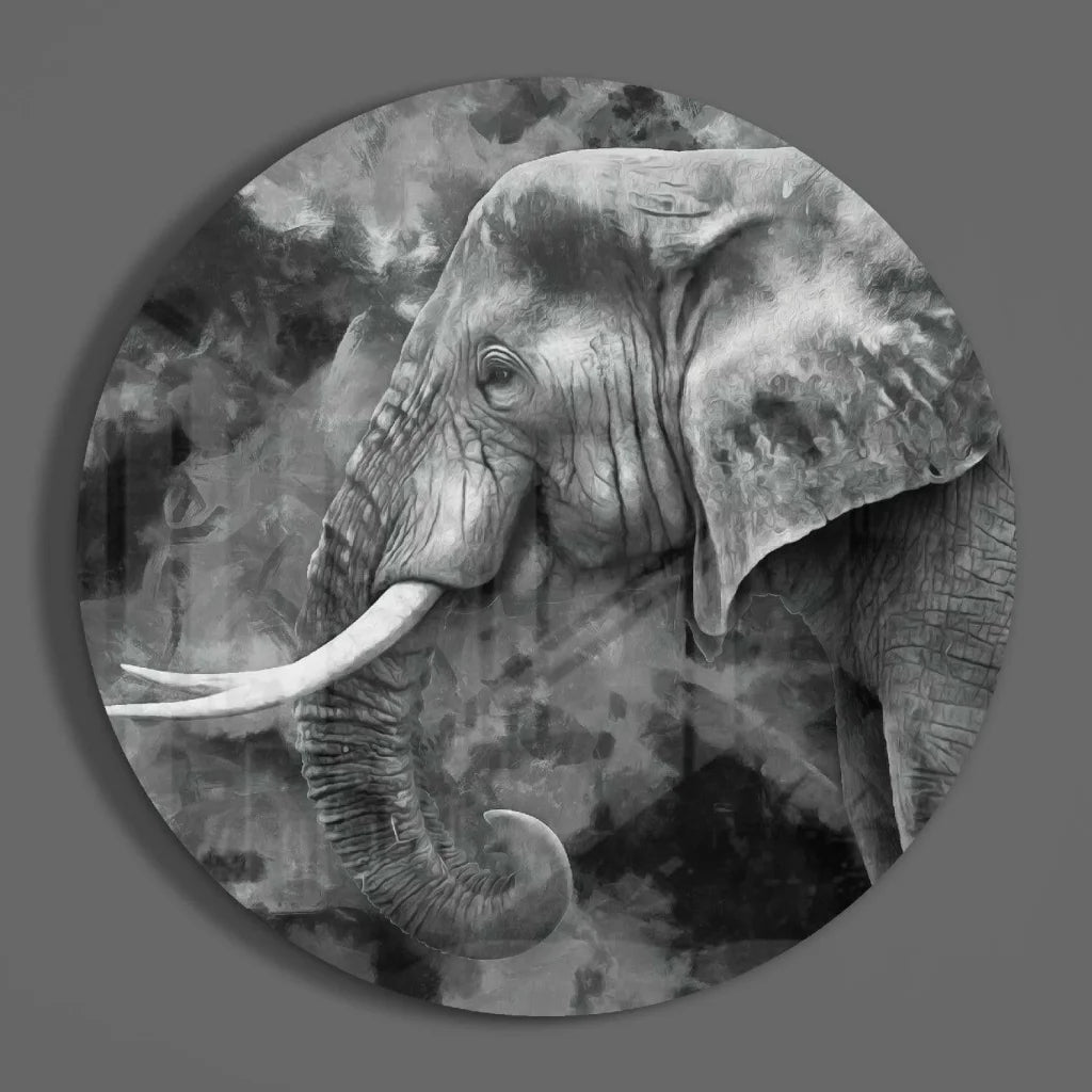 Majestic elephant tempered glass art in black and white, 12-inch size