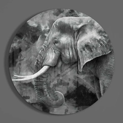 Majestic elephant tempered glass art in black and white, 12-inch size