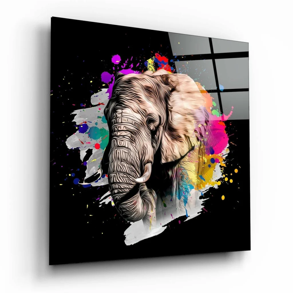 Vibrant abstract elephant glass wall art with bold colorful splashes