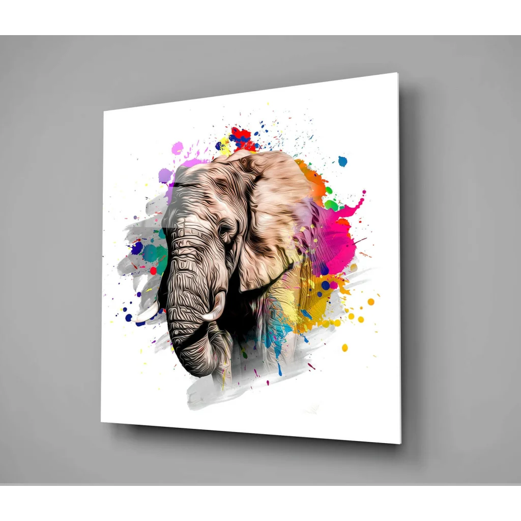 Vibrant Elephant Glass Wall Art with Colorful Abstract Splashes | Glass Wall Art Print | vintageantiquesgifts.com