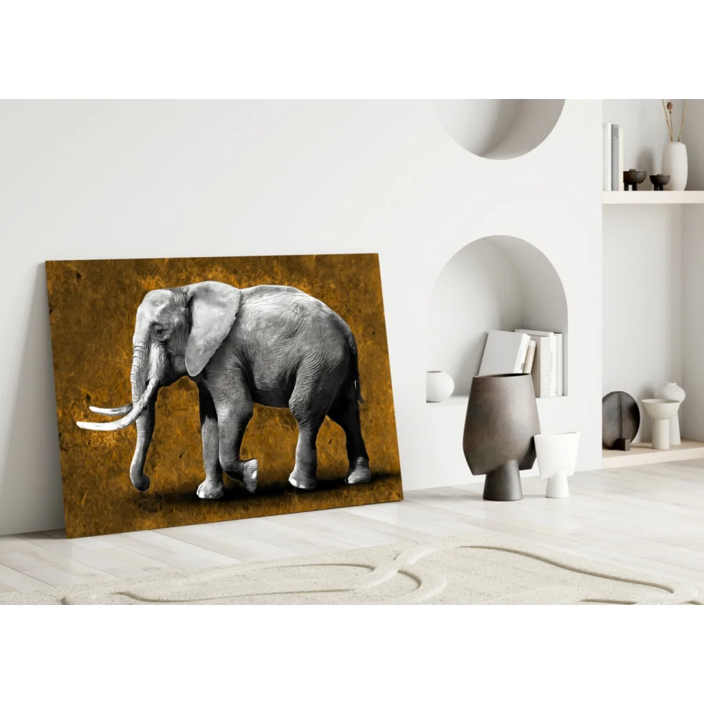 Majestic Elephant Glass Wall Art with Gold Texture | Modern Wall Art Decor | vintageantiquesgifts.com