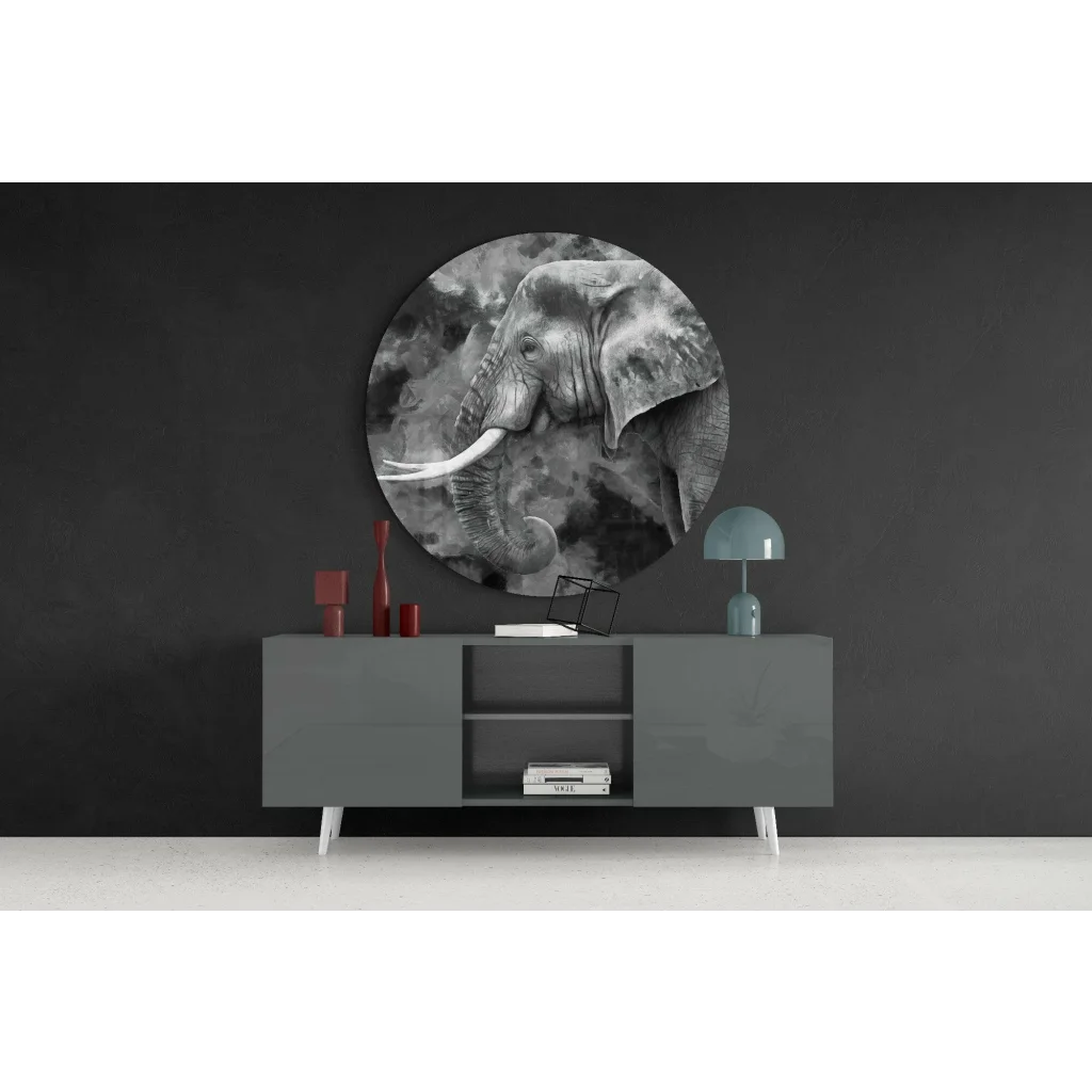 Circular black-and-white elephant portrait on tempered glass art