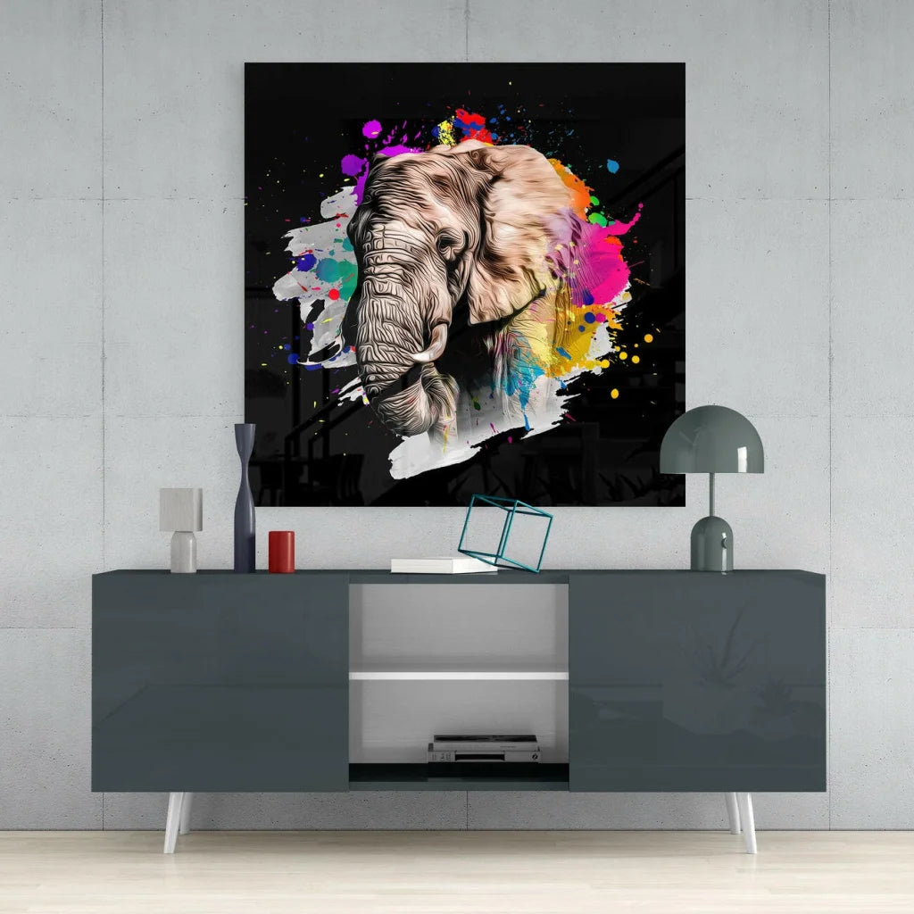 Vibrant abstract elephant glass wall art with pink, yellow, purple splashes