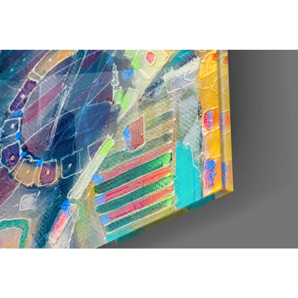 Vibrant geometric elephant glass wall art in bold abstract colors