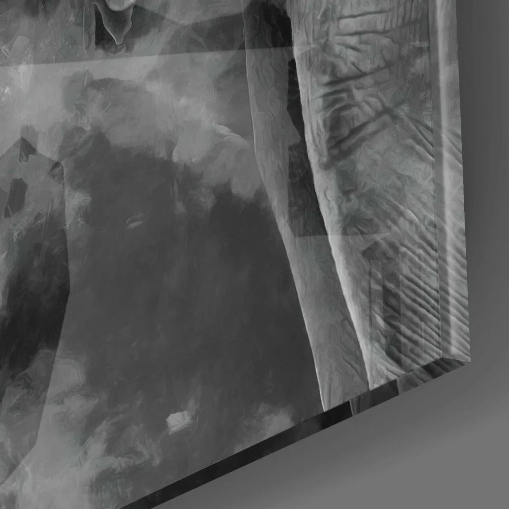Stunning elephant glass wall art with abstract black-and-white textured layers