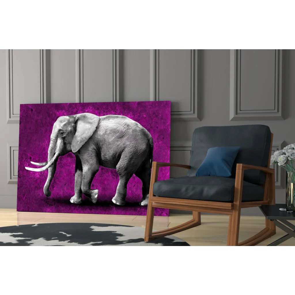 Stunning purple elephant glass wall art on black-and-white canvas