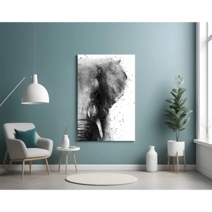 Black and white splatter elephant glass wall art print