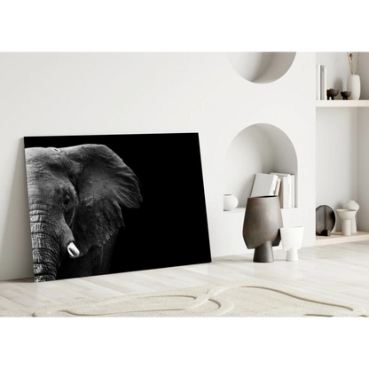 Majestic black-and-white elephant head canvas wall art close-up