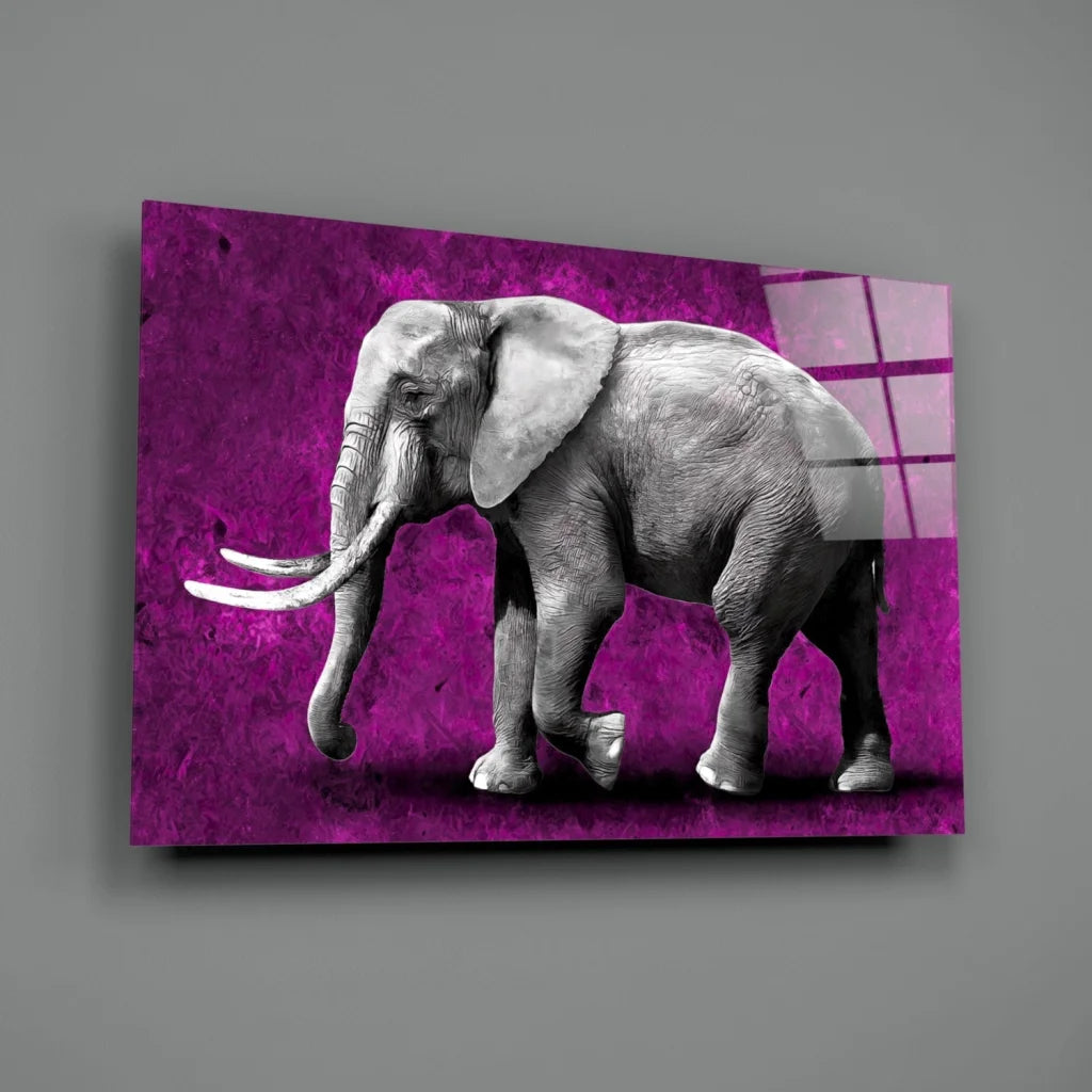 Striking black-and-white elephant on purple textured glass wall art canvas