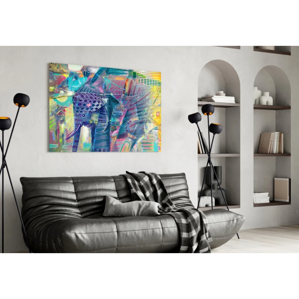 Vibrant geometric elephant glass wall art in bold blue, purple, yellow abstract colors