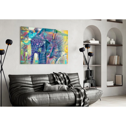 Vibrant geometric elephant glass wall art in bold blue, purple, yellow abstract colors