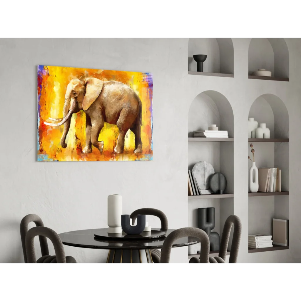 Vibrant fiery elephant abstract wall art canvas with purple accents
