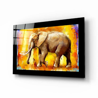 Vibrant abstract elephant glass wall art with fiery orange background