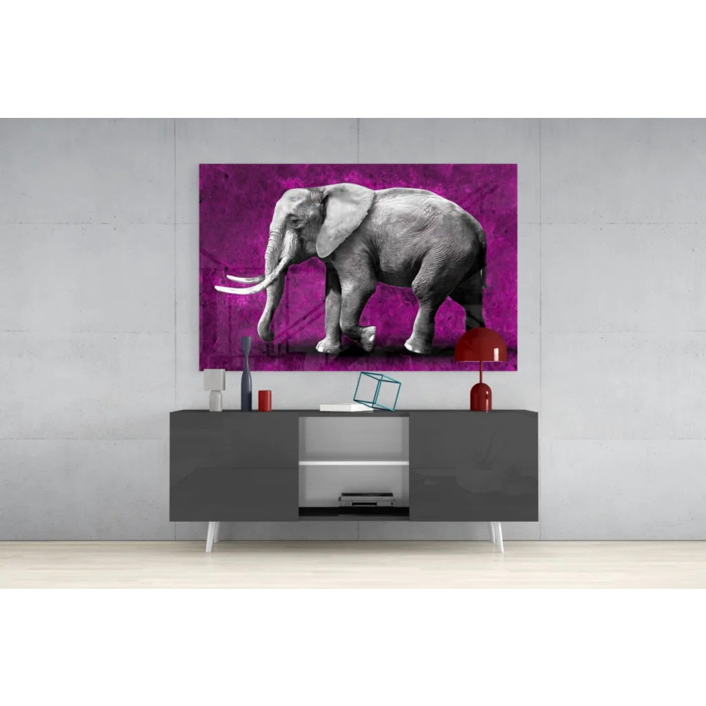 Stunning purple elephant glass wall art canvas print with grayscale design