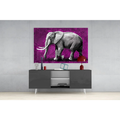 Stunning purple elephant glass wall art canvas print with grayscale design