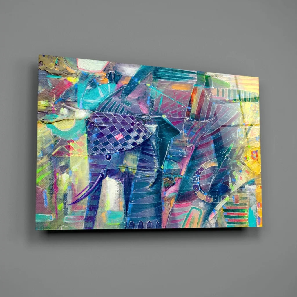 Vibrant geometric elephant glass wall art in bold abstract colors
