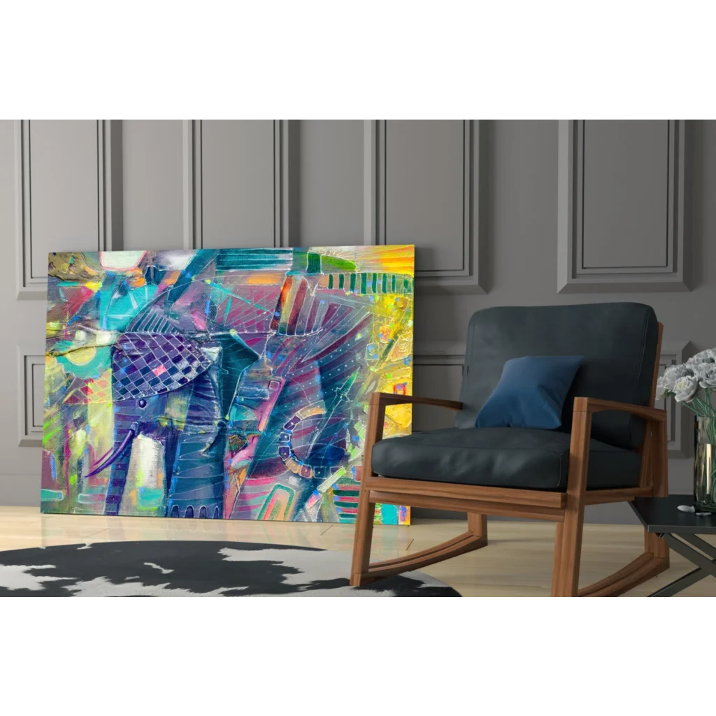 Vibrant geometric elephant glass wall art in bold teal, purple, yellow, pink strokes