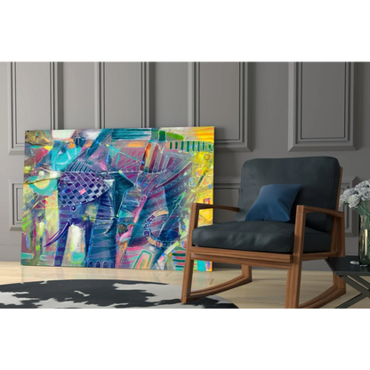 Vibrant geometric elephant glass wall art in bold teal, purple, yellow, pink strokes