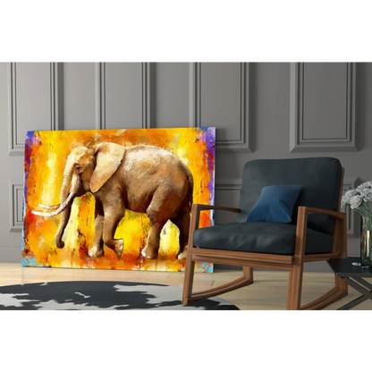 Vibrant fiery elephant abstract canvas wall art with purple accents