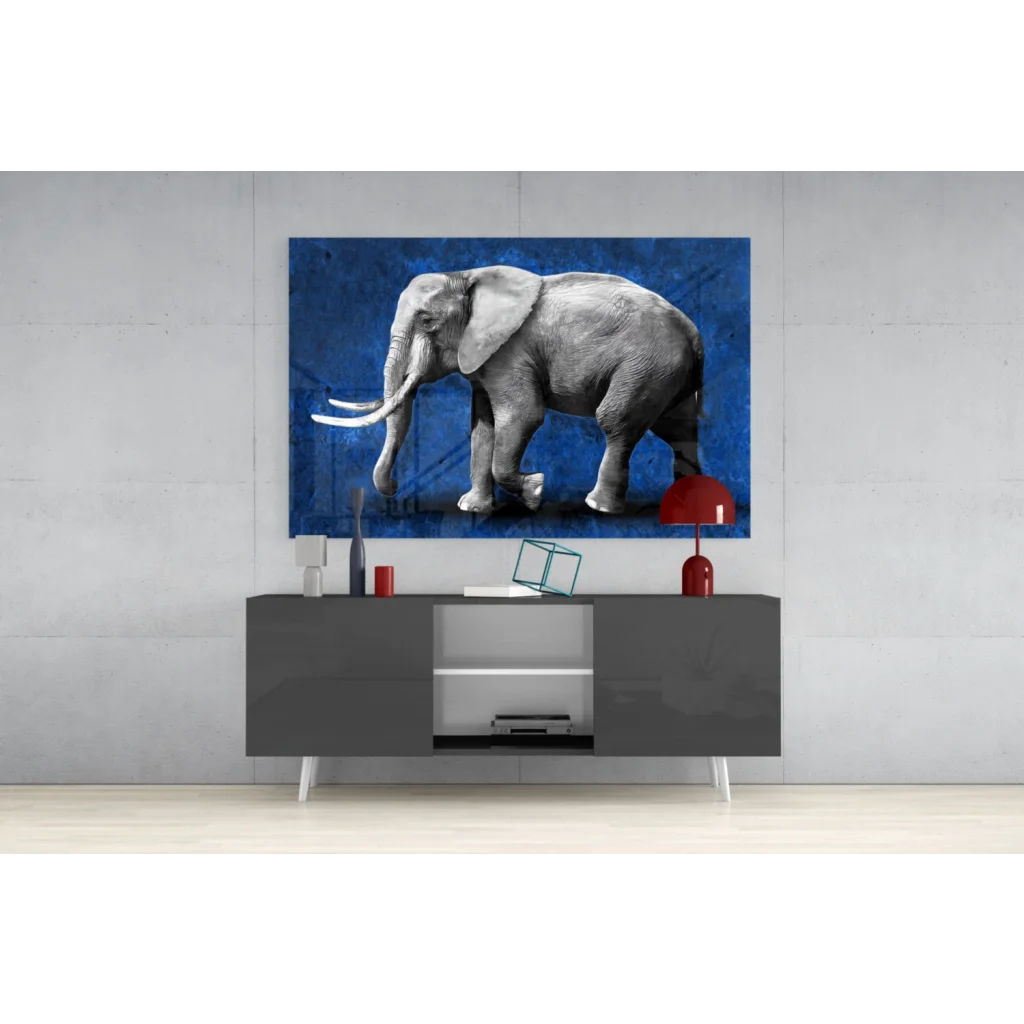 Grayscale majestic elephant wall art canvas print on deep blue background