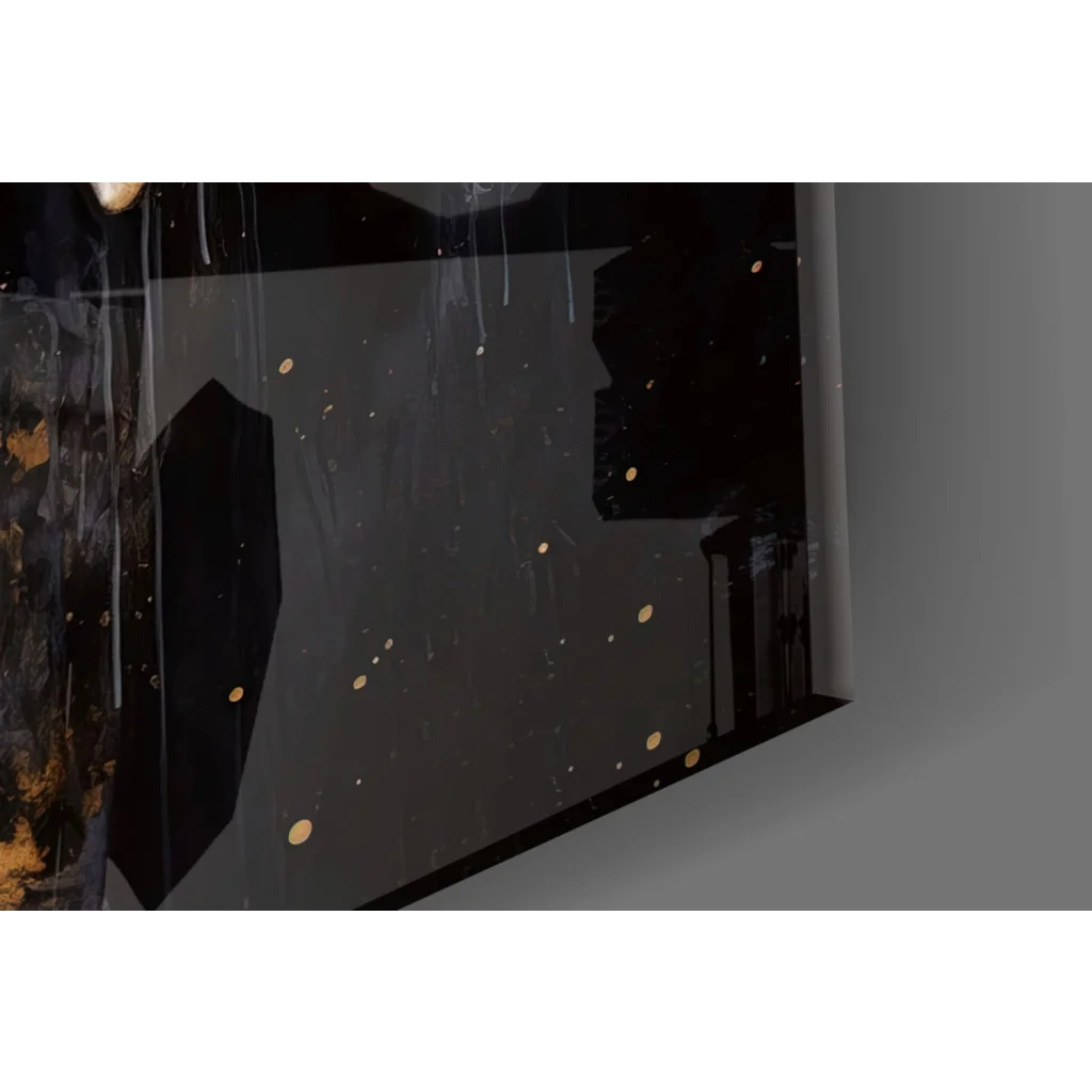 Black abstract glass wall art with gold splatters and drips