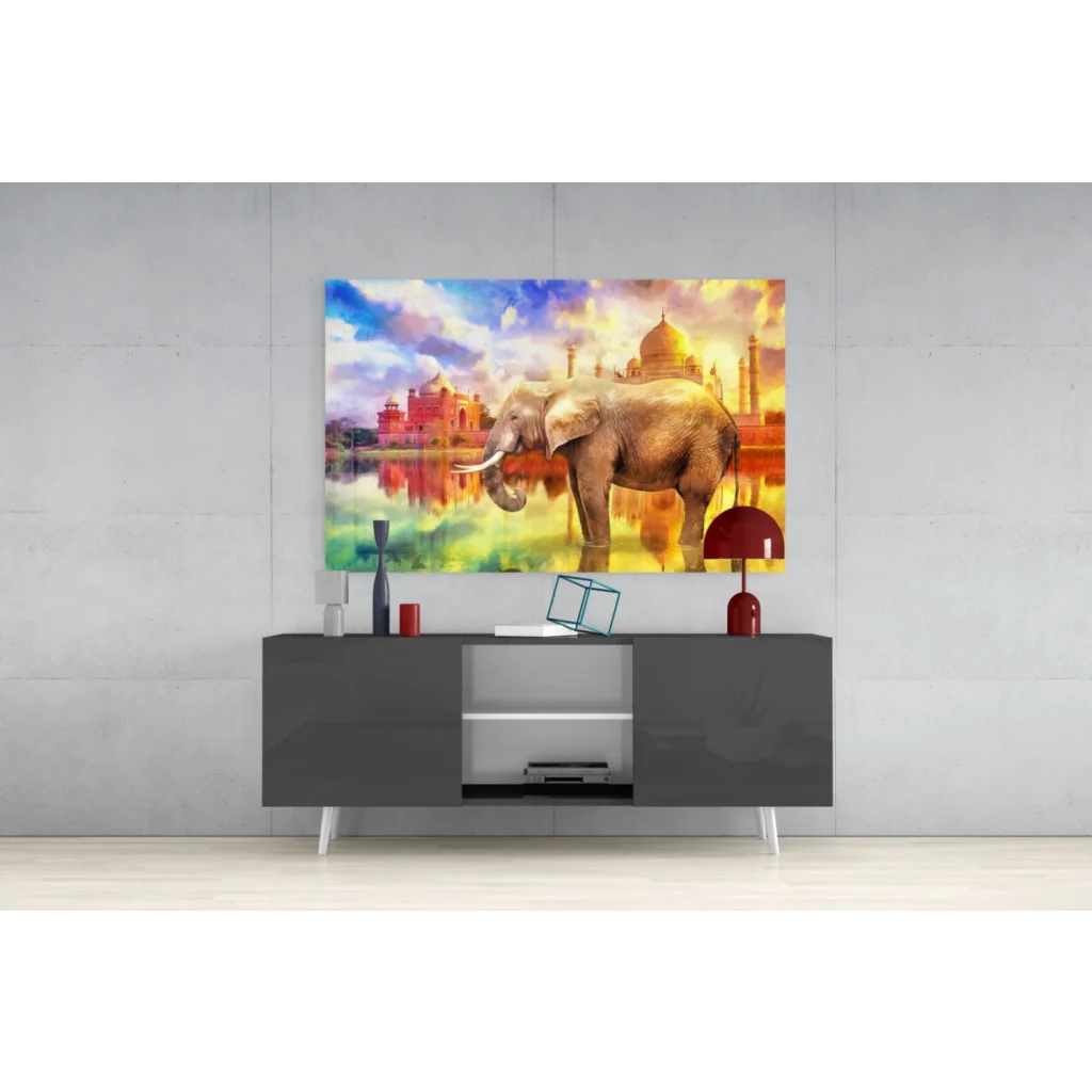 Vibrant elephant before Taj Mahal glass wall art with colorful sky
