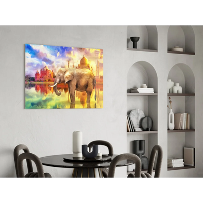 Vibrant glass wall art of elephant before Taj Mahal sunset