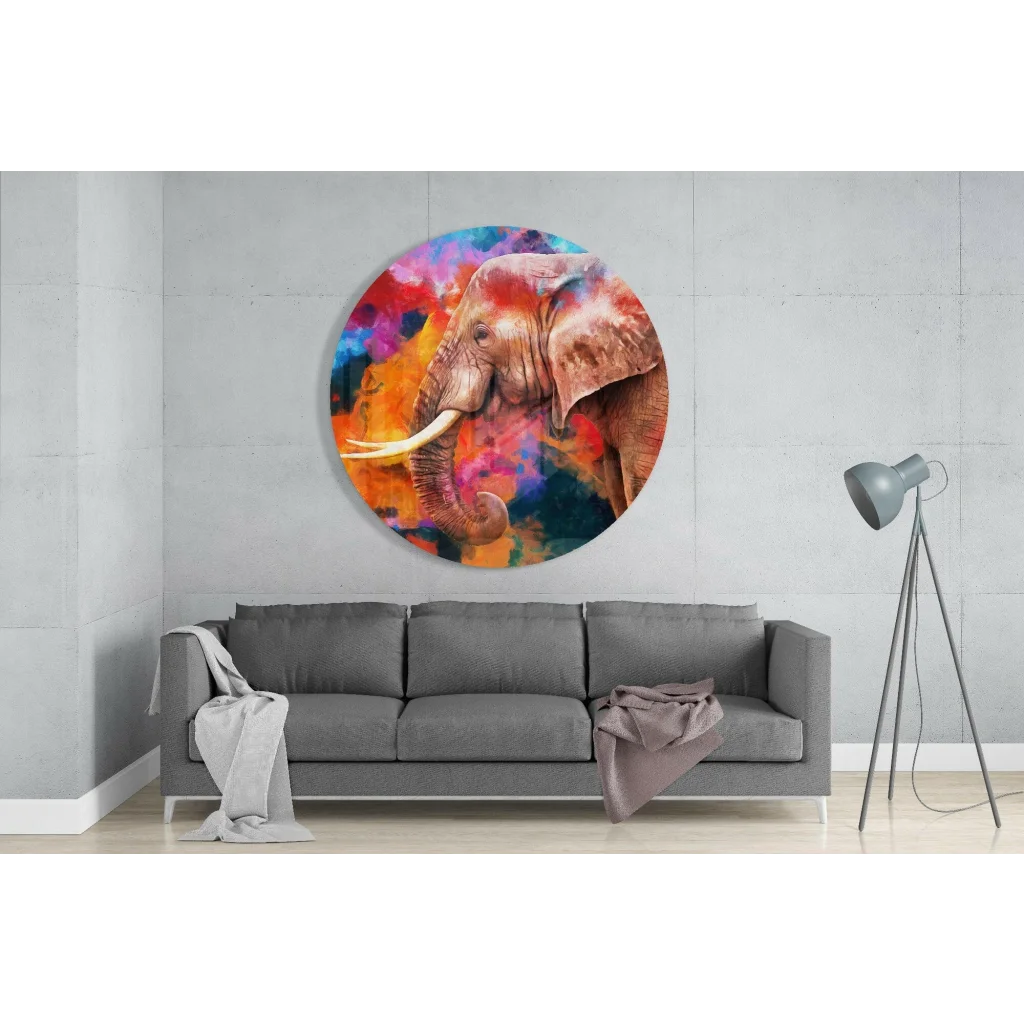Majestic elephant tempered glass art with vibrant swirling colors