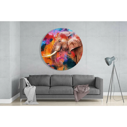 Majestic elephant tempered glass art with vibrant swirling colors