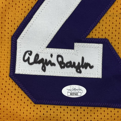 Autographed Elgin Baylor Lakers custom jersey with JSA sticker, perfect for sports fans