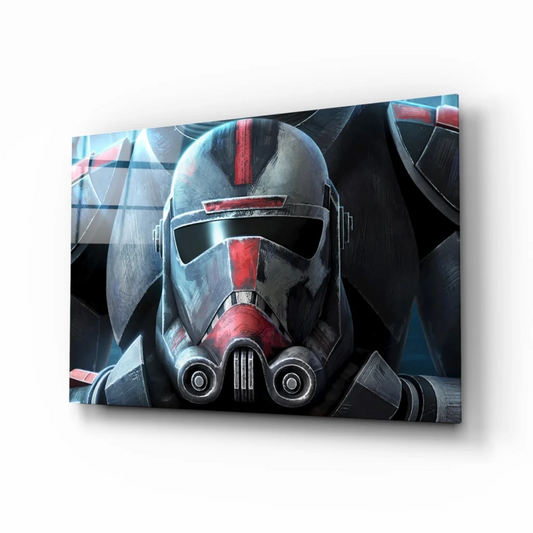 Sleek gray red Clone Trooper helmet wall art print