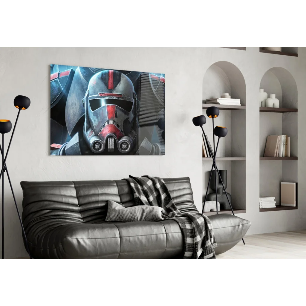 Elite Clone Trooper Helmet canvas wall art with red accents