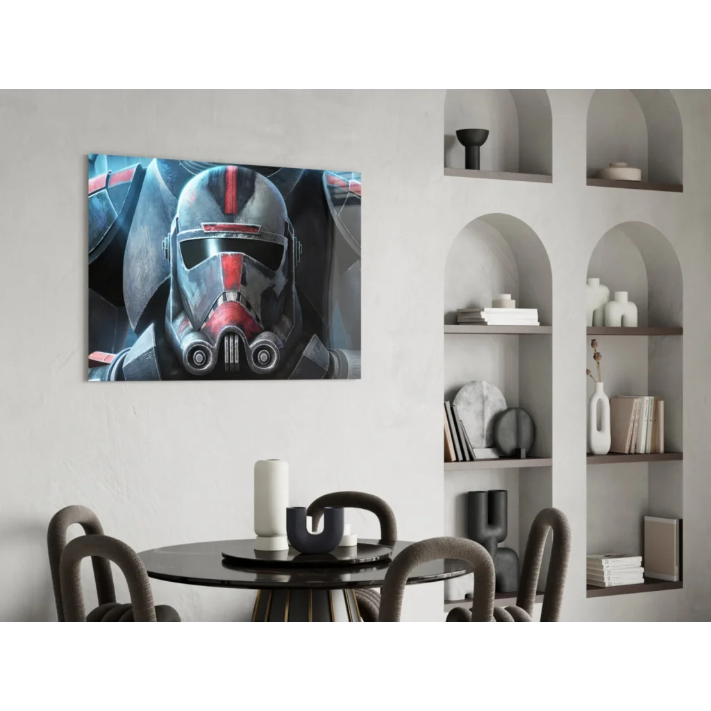 Striking black and red Clone Trooper helmet wall art mural