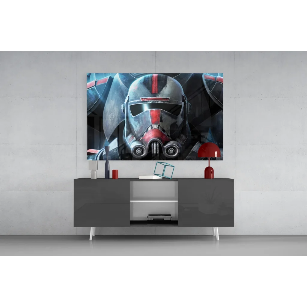 Striking Clone Trooper helmet wall art in gray and red