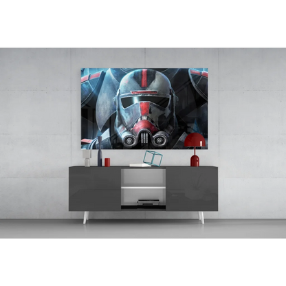 Striking Clone Trooper helmet wall art in gray and red