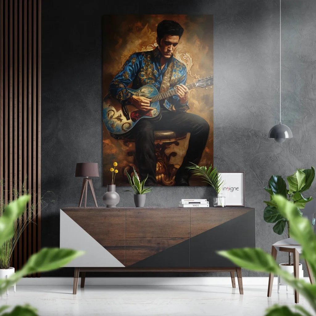 Vibrant oil portrait of musician in blue jacket on guitar, brushed aluminium dibond art