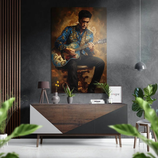 Vibrant oil portrait of musician in blue jacket on guitar, brushed aluminium dibond art