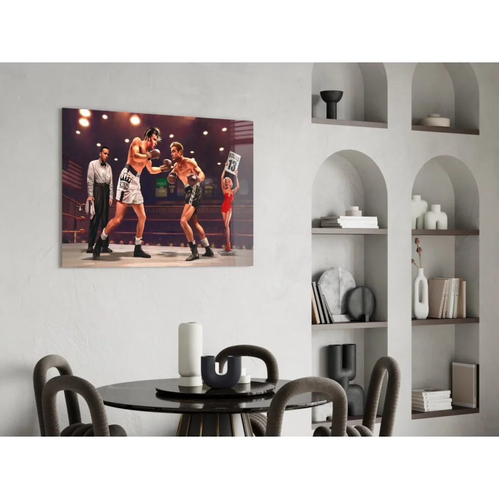 Epic boxing match glass wall art canvas print of dynamic ring fighters