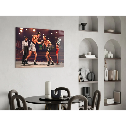 Epic boxing match glass wall art canvas print of dynamic ring fighters