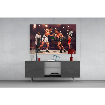 Vibrant red dome lamp on sleek metallic base in Epic Boxing Match glass wall art