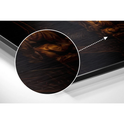 Stunning brushed aluminium dibond wall art on dark wood-grain surface
