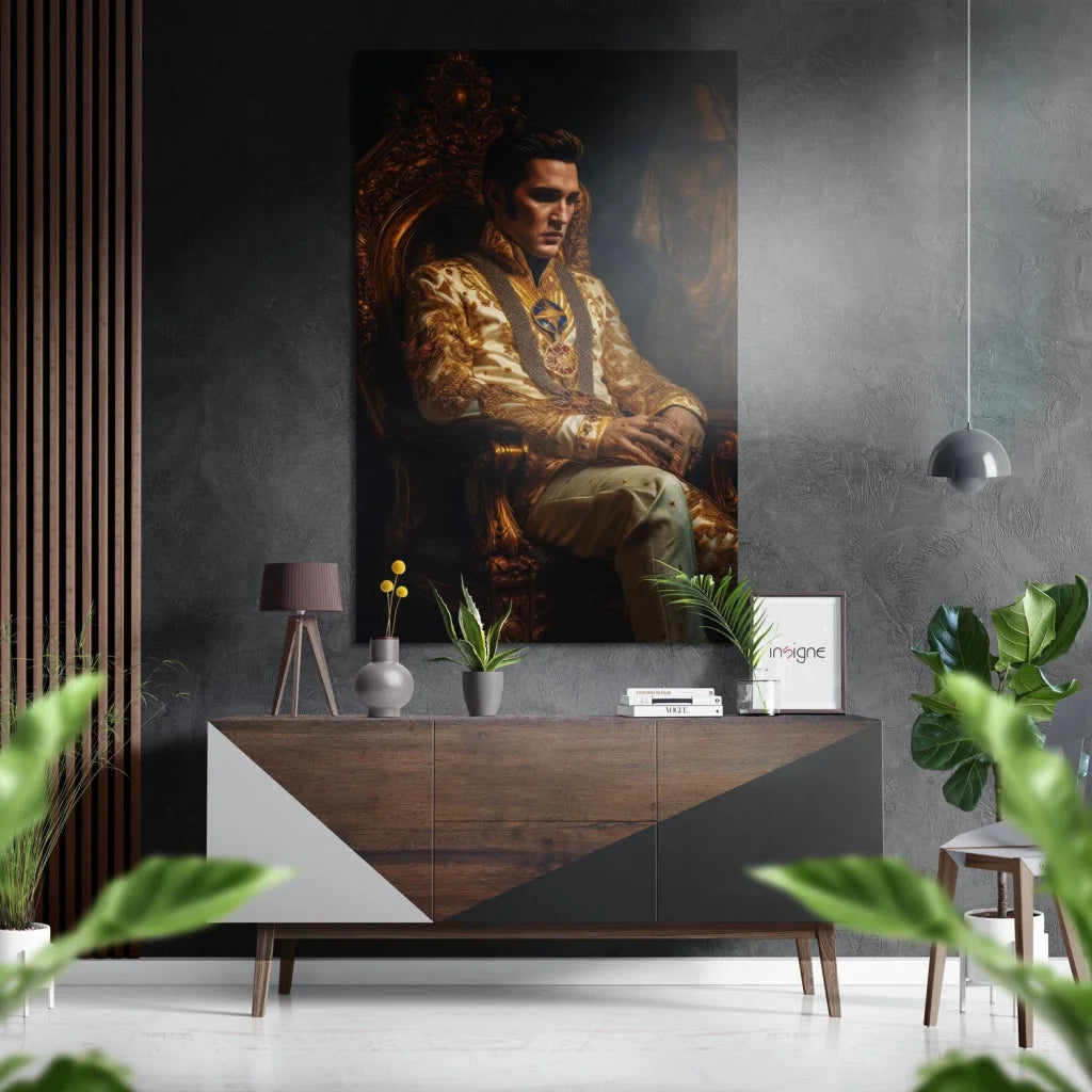 Elvis Presley portrait on brushed aluminium dibond wall art in gold suit
