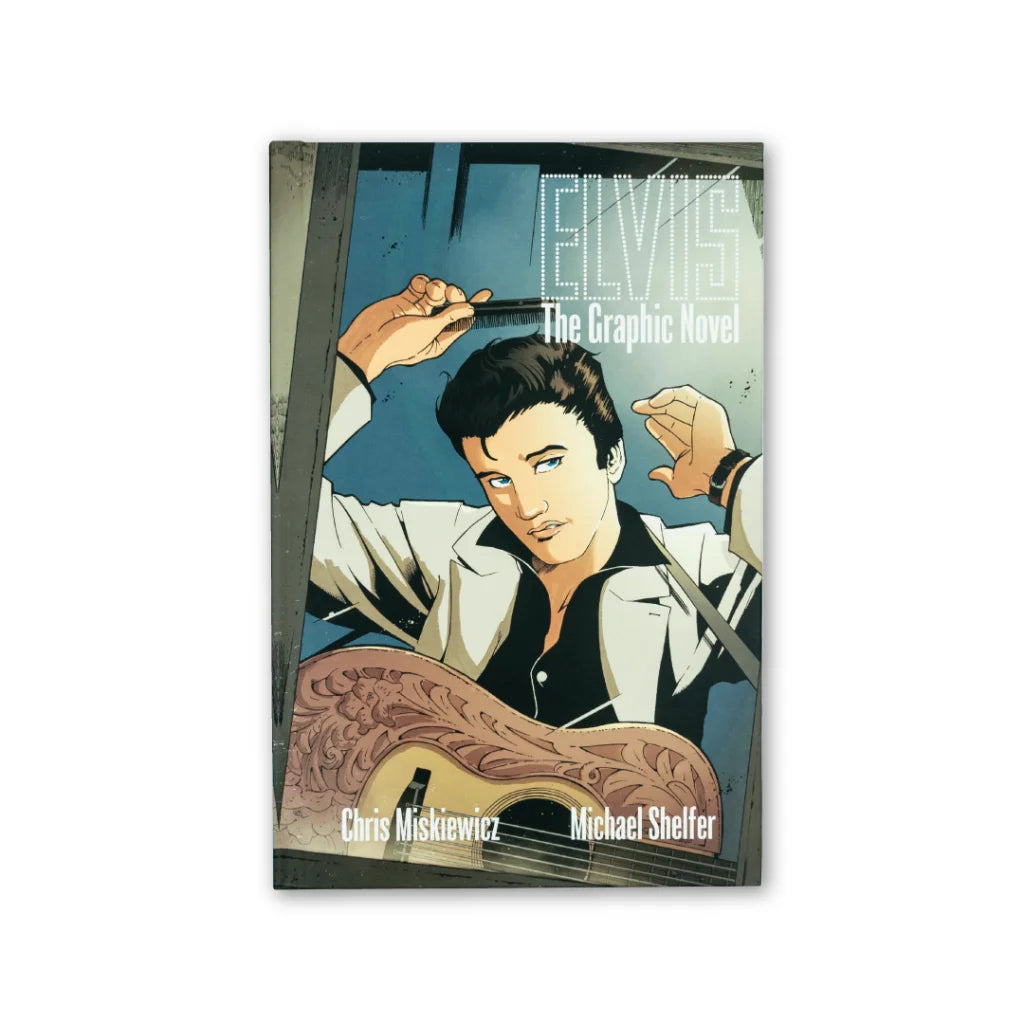 Elvis Presley official graphic novel by Chris Miskiewicz with Elvis combing hair and guitar