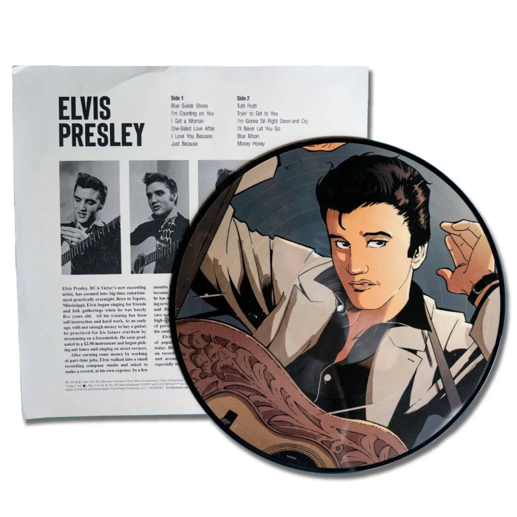 Elvis Presley picture disc with comic-style Elvis and Blue Suede Shoes design