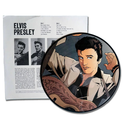 Elvis Presley picture disc with comic-style Elvis and Blue Suede Shoes design