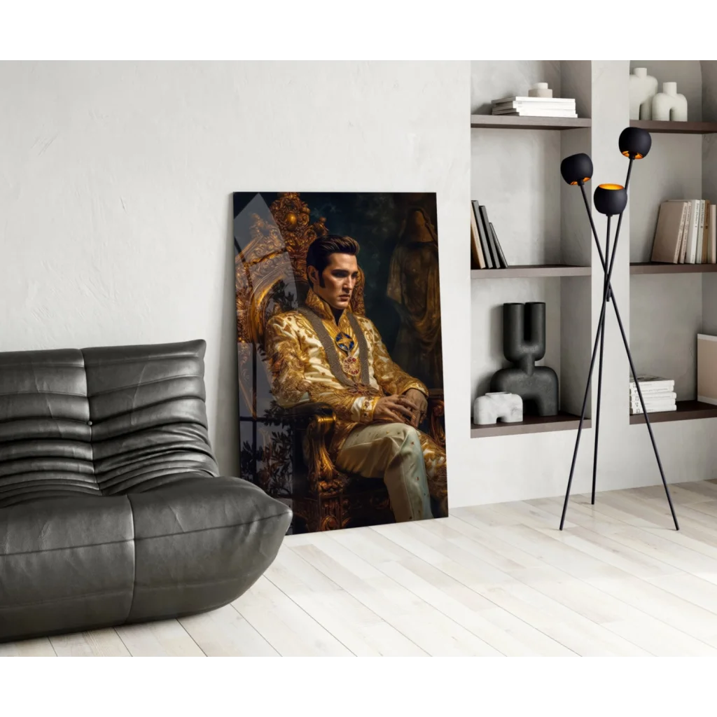 Elvis Golden Throne Glass Wall Art Portrait | Contemporary Home Wall Art | vintageantiquesgifts.com
