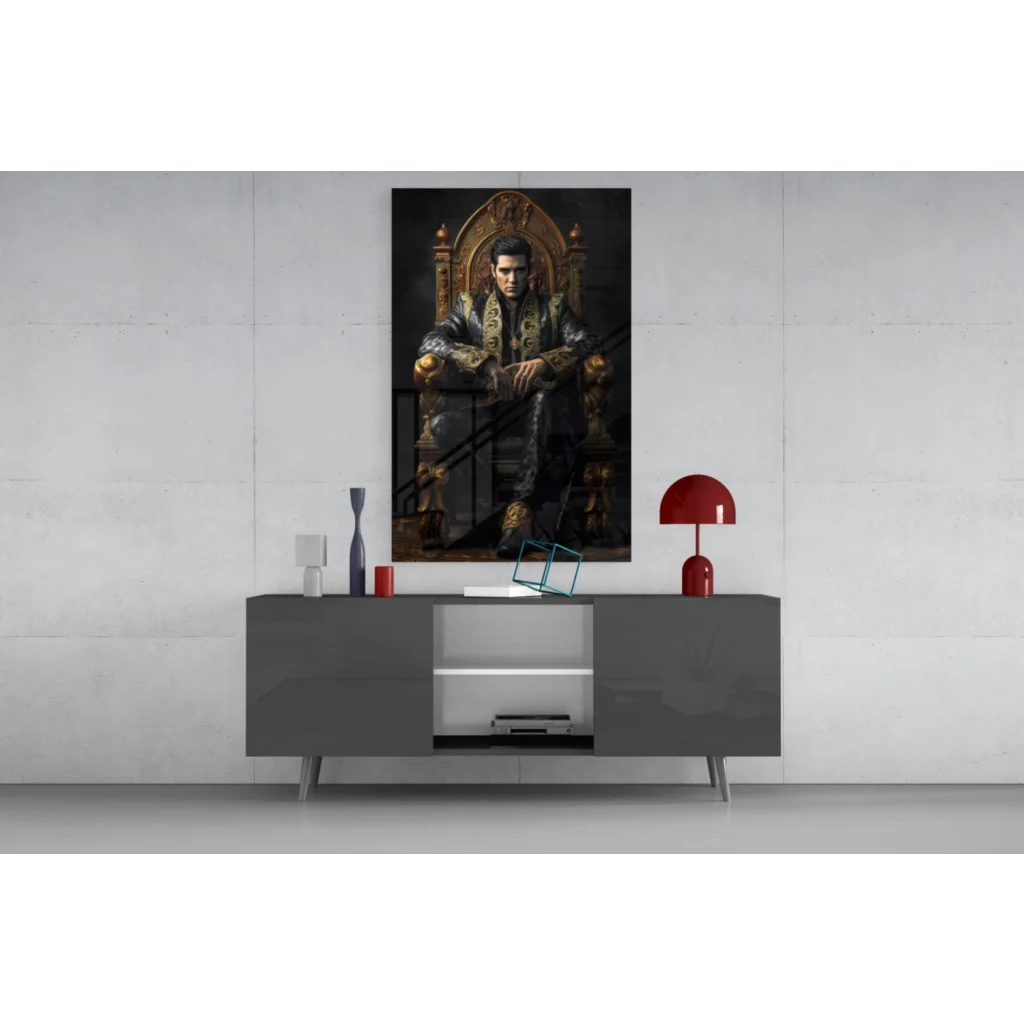 Elvis Presley black-and-gold throne glass wall art portrait