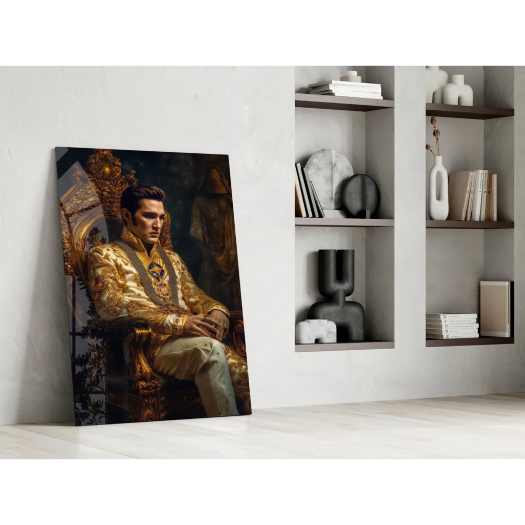 Elvis Presley golden throne glass wall art portrait