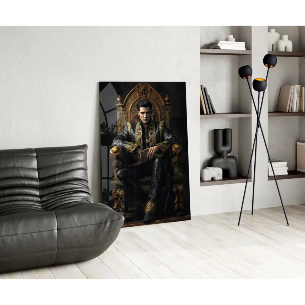Elvis Presley black-and-gold throne glass wall art portrait